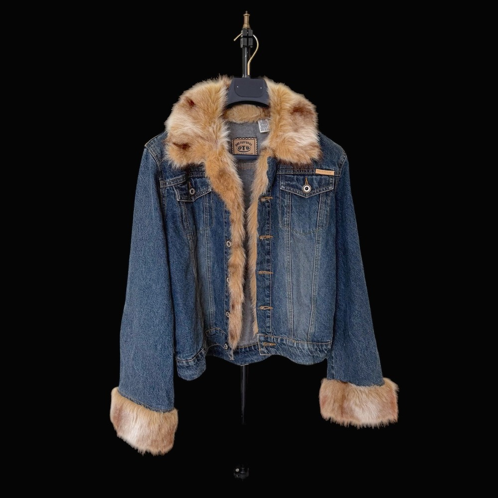 Y2K One Tuff Babe OTB Faux Fur Trim‎ Denim Jacket Medium Wash Blue Large